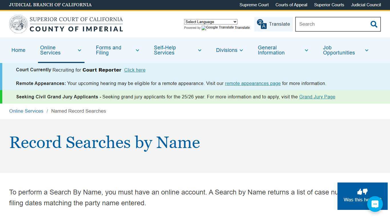 Named Record Searches Superior Court of California County of Imperial